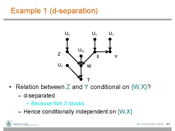 Example 1 (d-separation) UZ Z UX UY UW UT X Y W T •