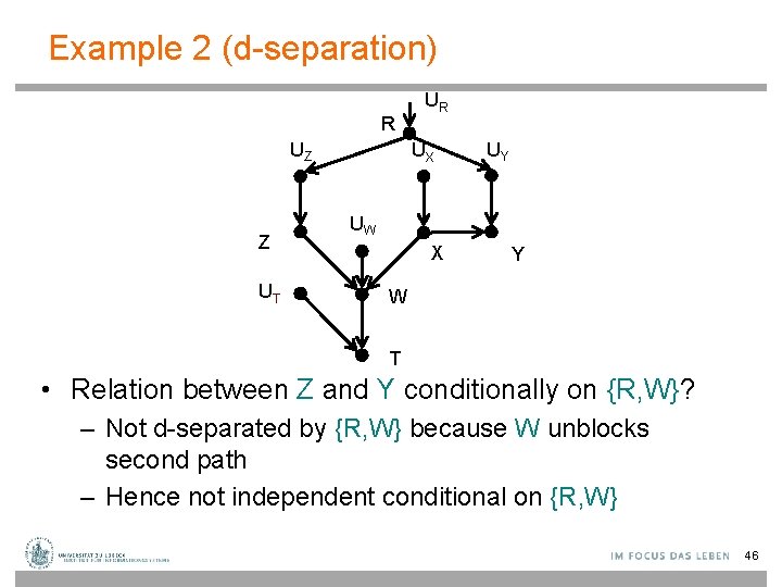 Example 2 (d-separation) R UZ Z UT UR UX UY UW X Y W