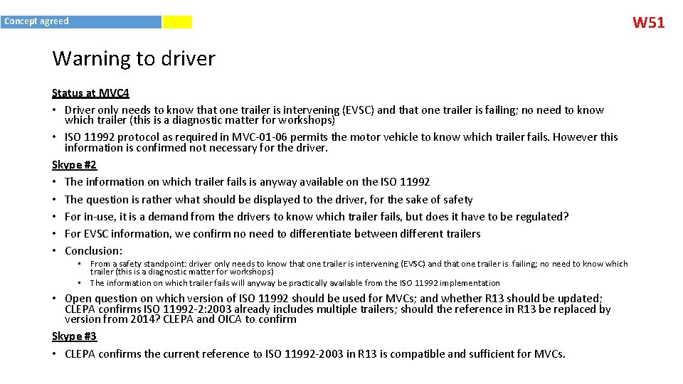 W 51 Concept agreed Warning to driver Status at MVC 4 • Driver only