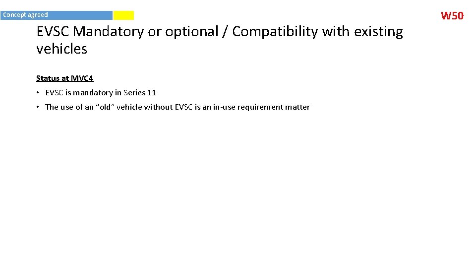 Concept agreed EVSC Mandatory or optional / Compatibility with existing vehicles Status at MVC