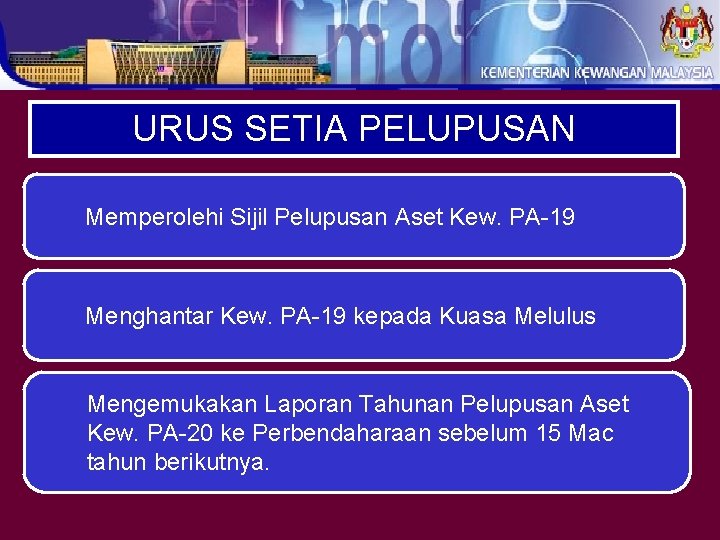 URUS SETIA PELUPUSAN Memperolehi Sijil Pelupusan Aset Kew. PA-19 Menghantar Kew. PA-19 kepada Kuasa