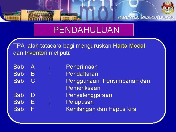 PENDAHULUAN TPA ialah tatacara bagi menguruskan Harta Modal dan Inventori meliputi: Bab Bab A