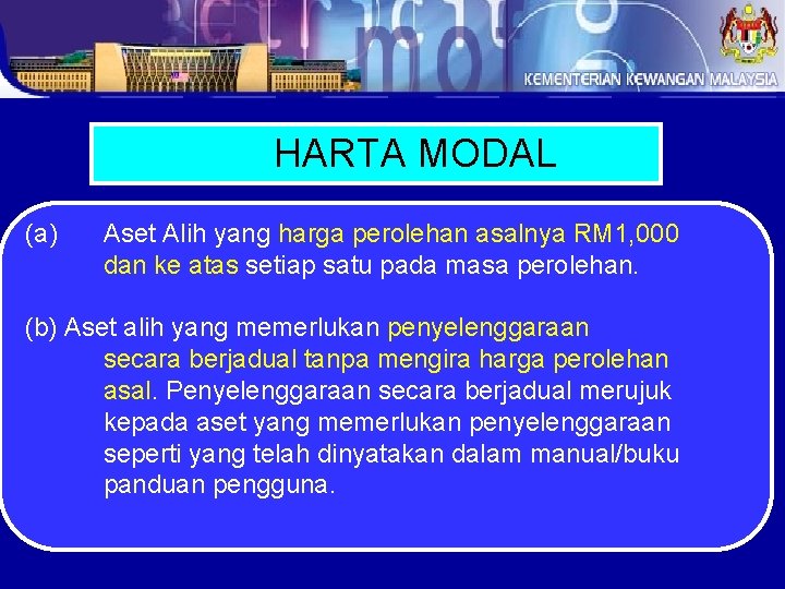 HARTA MODAL (a) Aset Alih yang harga perolehan asalnya RM 1, 000 dan ke