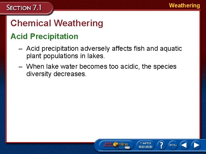 Weathering Chemical Weathering Acid Precipitation – Acid precipitation adversely affects fish and aquatic plant Weathering Chemical Weathering Acid Precipitation – Acid precipitation adversely affects fish and aquatic plant