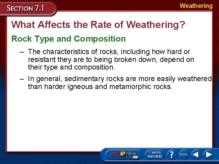 Weathering What Affects the Rate of Weathering? Rock Type and Composition – The characteristics Weathering What Affects the Rate of Weathering? Rock Type and Composition – The characteristics