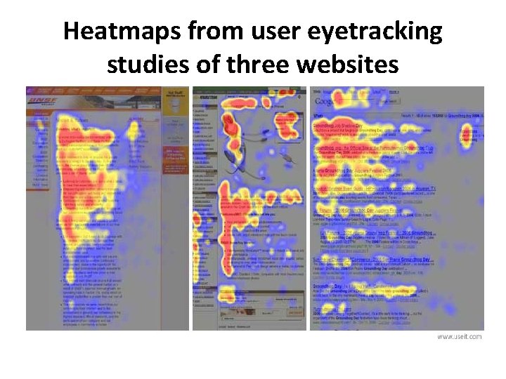 Heatmaps from user eyetracking studies of three websites 