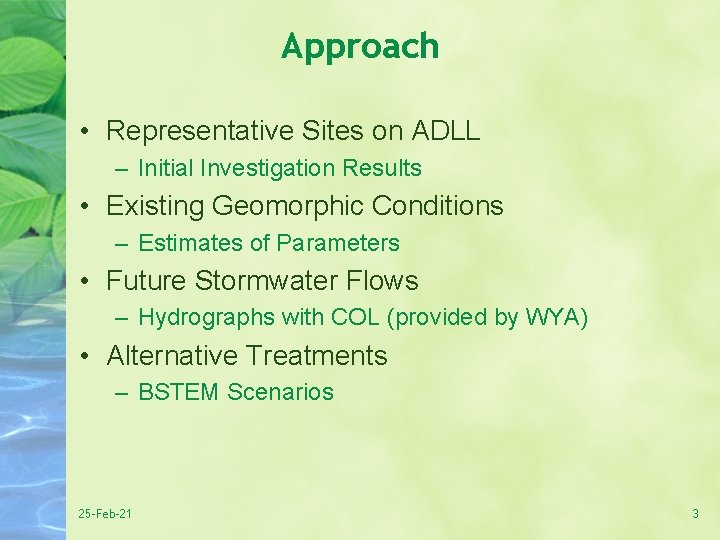 Approach • Representative Sites on ADLL – Initial Investigation Results • Existing Geomorphic Conditions