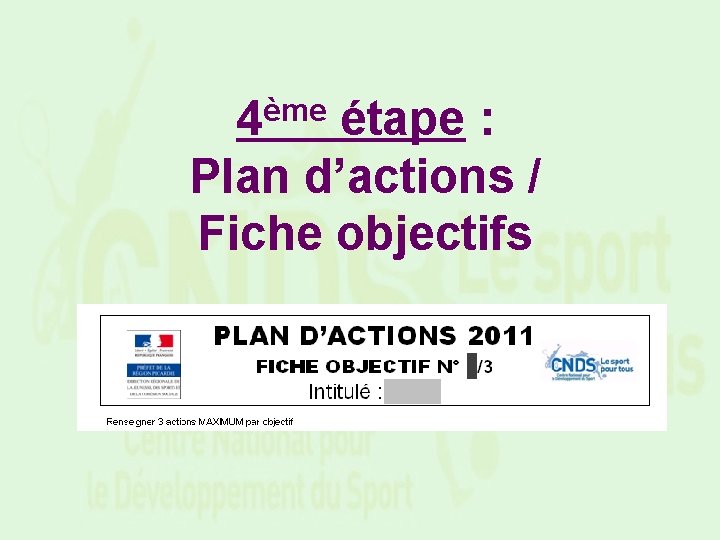 4ème étape : Plan d’actions / Fiche objectifs 
