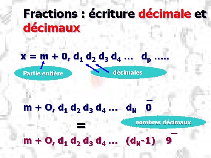 Fractions : écriture décimale et décimaux x = m + 0, d 1 d