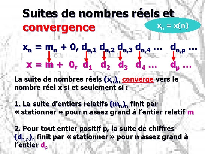 Suites de nombres réels et x = x(n) convergence n xn = mn +