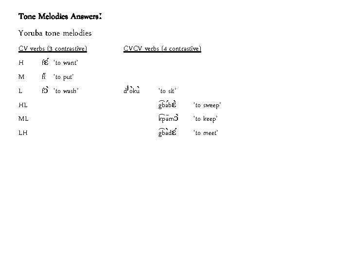 Tone Melodies Answersː Yoruba tone melodies CV verbs (3 contrastive) H fɛ ‘to want’