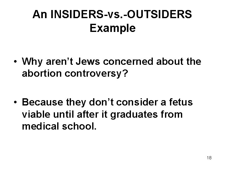 An INSIDERS-vs. -OUTSIDERS Example • Why aren’t Jews concerned about the abortion controversy? •