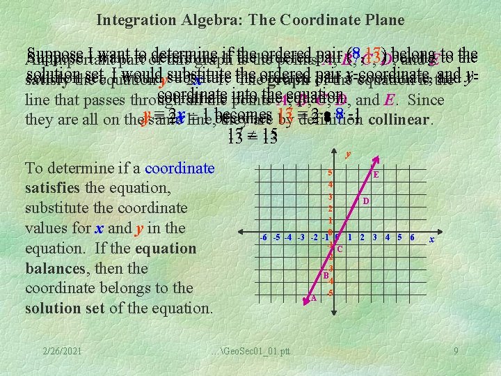 Integration Algebra: The Coordinate Plane Suppose II want to determine if ordered (8, 17)