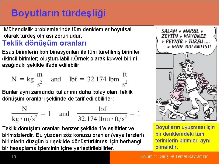 Boyutların türdeşliği Mühendislik problemlerinde tüm denklemler boyutsal olarak türdeş olması zorunludur. Teklik dönüşüm oranları