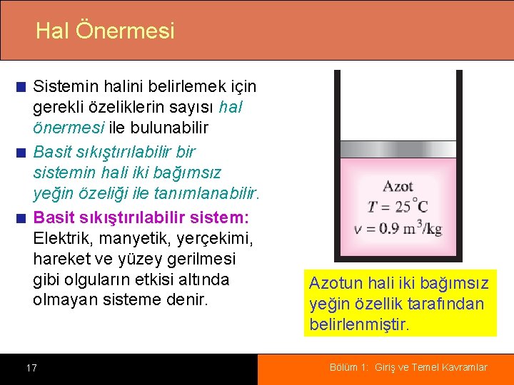 Hal Önermesi Sistemin halini belirlemek için gerekli özeliklerin sayısı hal önermesi ile bulunabilir Basit