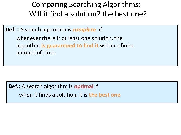 Comparing Searching Algorithms: Will it find a solution? the best one? Def. : A