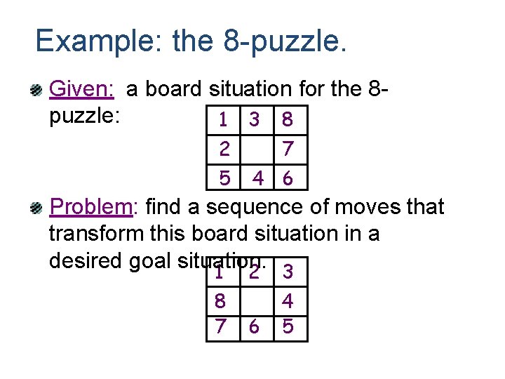 Example: the 8 -puzzle. Given: a board situation for the 8 puzzle: 1 3