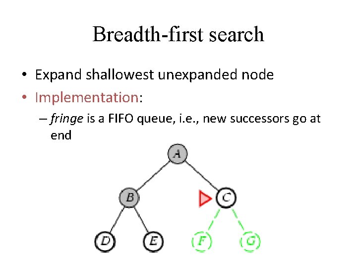 Breadth-first search • Expand shallowest unexpanded node • Implementation: – fringe is a FIFO Breadth-first search • Expand shallowest unexpanded node • Implementation: – fringe is a FIFO