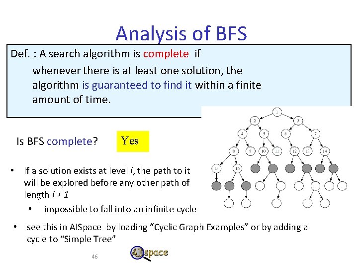 Analysis of BFS Def. : A search algorithm is complete if whenever there is