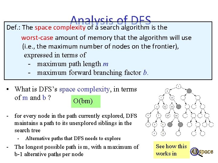 Analysis of DFS Def. : The space complexity of a search algorithm is the