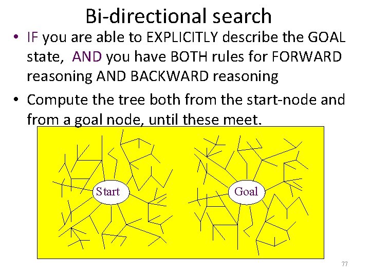 Bi-directional search • IF you are able to EXPLICITLY describe the GOAL state, AND Bi-directional search • IF you are able to EXPLICITLY describe the GOAL state, AND
