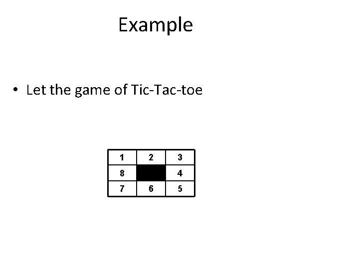 Example • Let the game of Tic-Tac-toe 1 2 8 7 3 4 6 Example • Let the game of Tic-Tac-toe 1 2 8 7 3 4 6