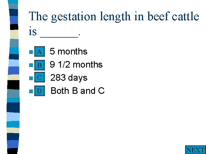 The gestation length in beef cattle is ______. A n A. n n n