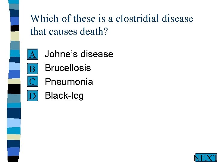 Which of these is a clostridial disease that causes death? n A n B