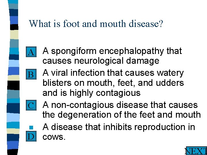 What is foot and mouth disease? n A spongiform encephalopathy that A causes neurological