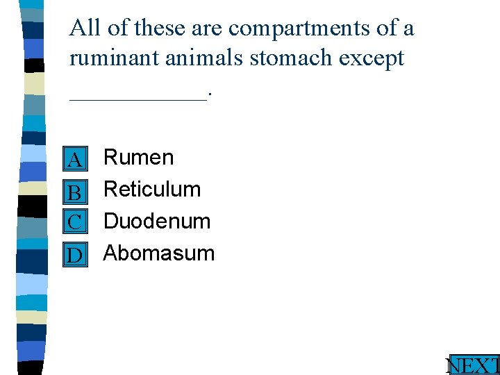 All of these are compartments of a ruminant animals stomach except ______. n Rumen