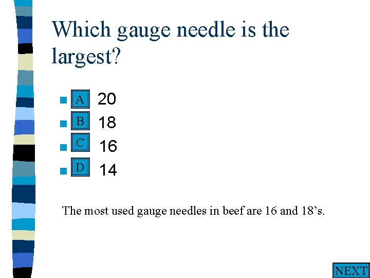 Which gauge needle is the largest? A n A. n n n 20 B