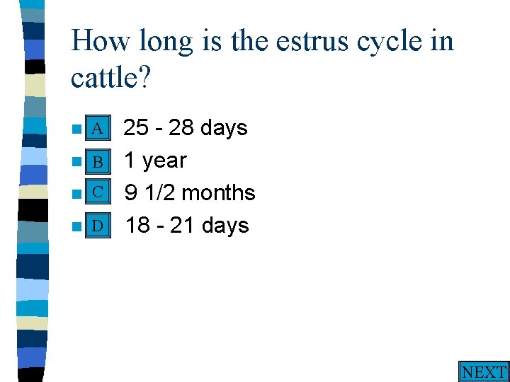 How long is the estrus cycle in cattle? A n A. n n n