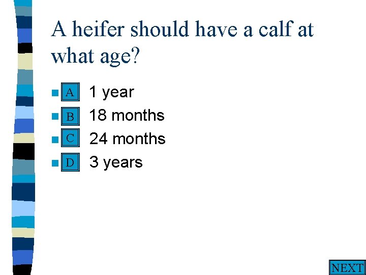 A heifer should have a calf at what age? A n A. n n