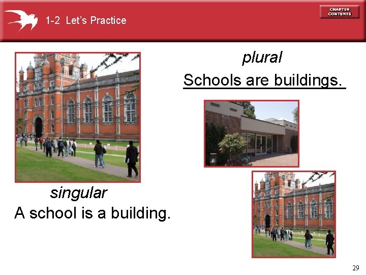 1 -2 Let’s Practice plural Schools are buildings. singular A school is a building.