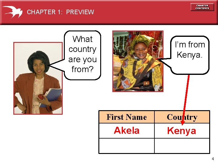 CHAPTER 1: PREVIEW What country are you from? I’m from Kenya. First Name Country