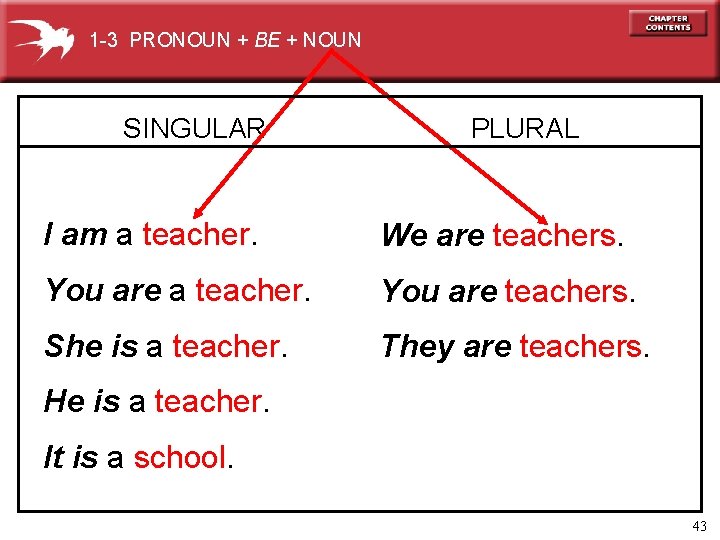 1 -3 PRONOUN + BE + NOUN SINGULAR PLURAL I am a teacher. We