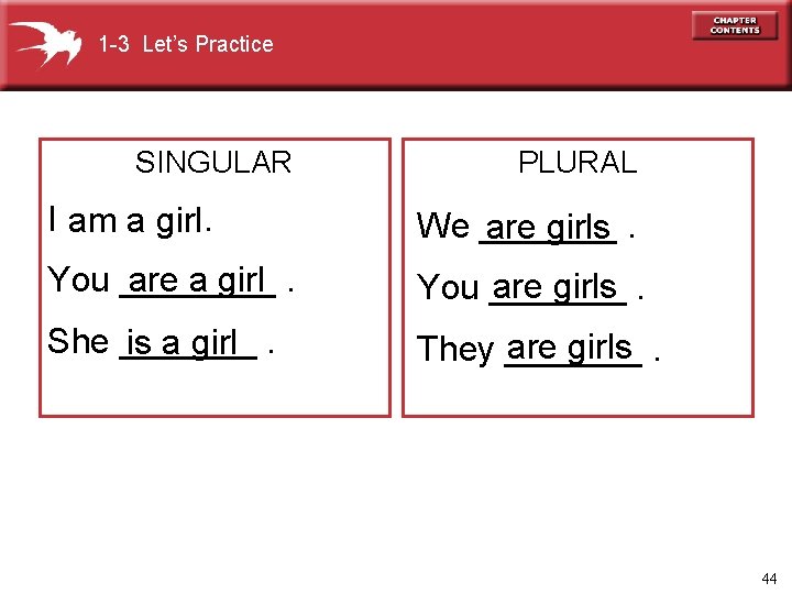1 -3 Let’s Practice SINGULAR PLURAL I am a girl. We _______ are girls.