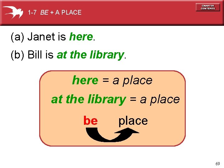 1 -7 BE + A PLACE (a) Janet is here. (b) Bill is at