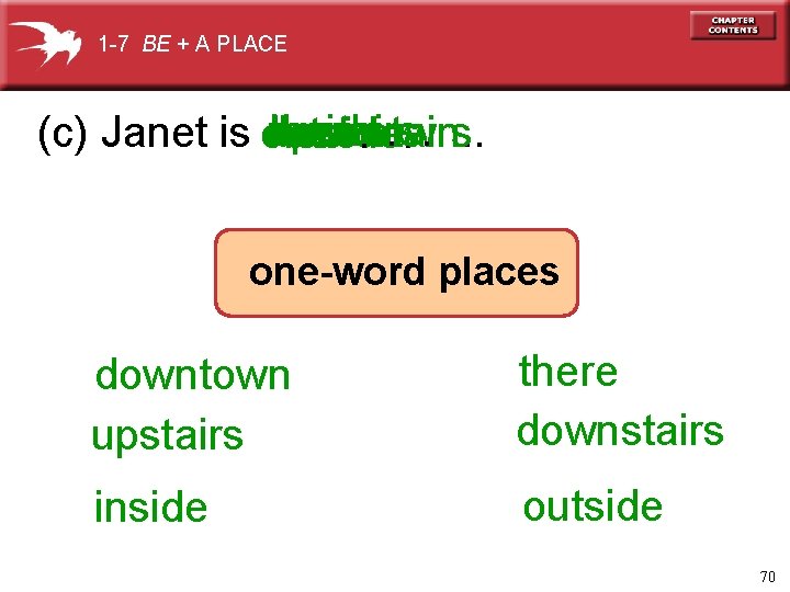 1 -7 BE + A PLACE upstairs. there. inside. (c) Janet is outside. downtown.
