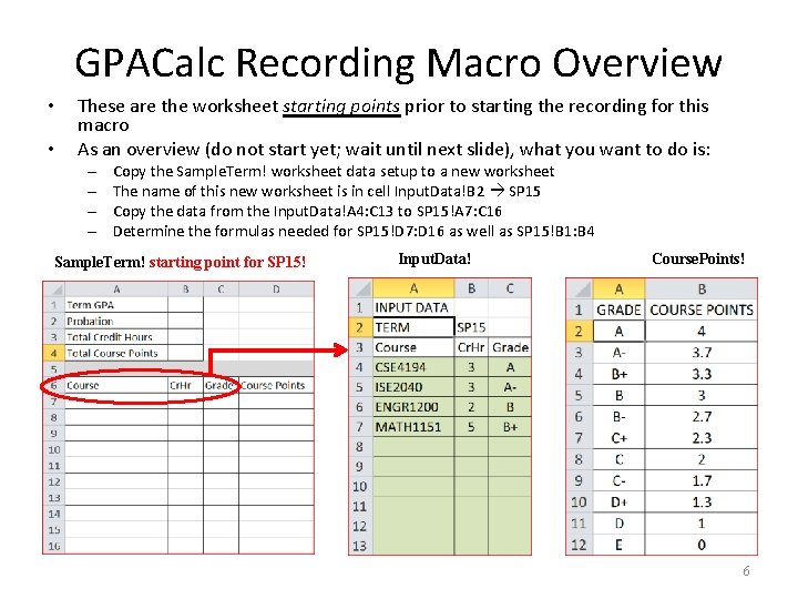 GPACalc Recording Macro Overview • • These are the worksheet starting points prior to