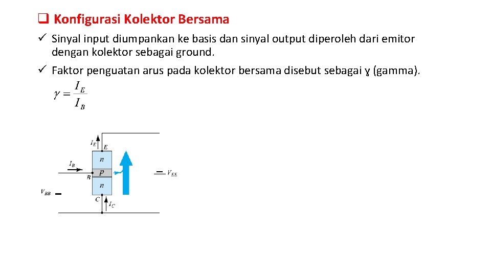 q Konfigurasi Kolektor Bersama ü Sinyal input diumpankan ke basis dan sinyal output diperoleh