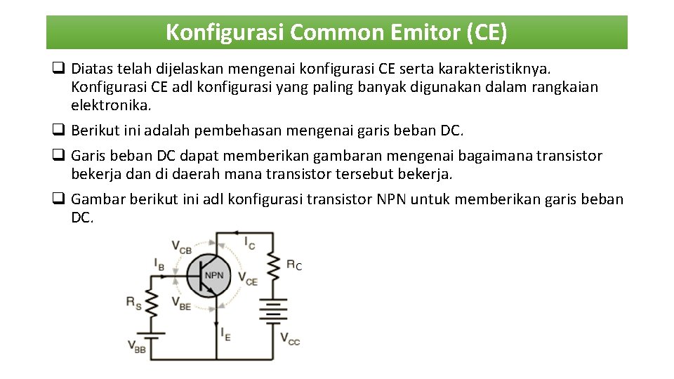 Konfigurasi Common Emitor (CE) q Diatas telah dijelaskan mengenai konfigurasi CE serta karakteristiknya. Konfigurasi