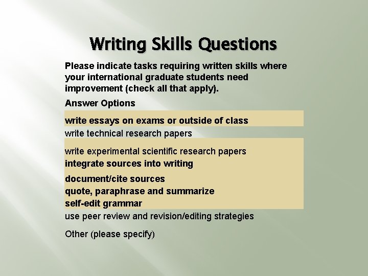 Writing Skills Questions Please indicate tasks requiring written skills where your international graduate students