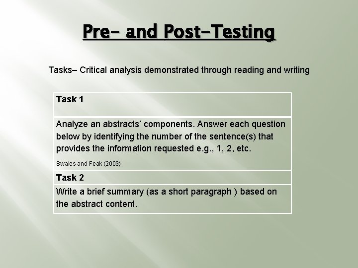 Pre- and Post-Testing Tasks– Critical analysis demonstrated through reading and writing Task 1 Analyze