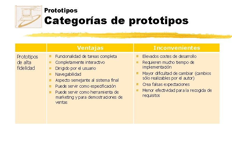Prototipos Categorías de prototipos Prototipos de alta fidelidad Ventajas Inconvenientes Funcionalidad de tareas completa Prototipos Categorías de prototipos Prototipos de alta fidelidad Ventajas Inconvenientes Funcionalidad de tareas completa