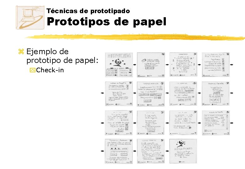Técnicas de prototipado Prototipos de papel z Ejemplo de prototipo de papel: y Check-in Técnicas de prototipado Prototipos de papel z Ejemplo de prototipo de papel: y Check-in
