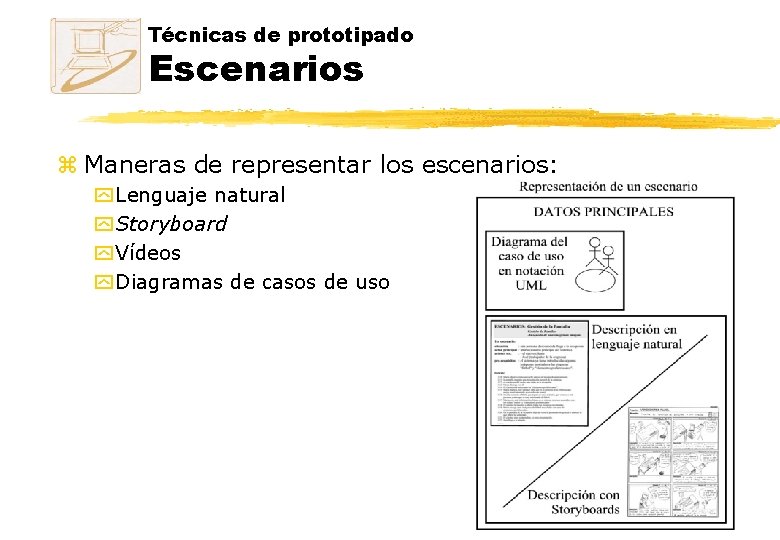 Técnicas de prototipado Escenarios z Maneras de representar los escenarios: y Lenguaje natural y Técnicas de prototipado Escenarios z Maneras de representar los escenarios: y Lenguaje natural y