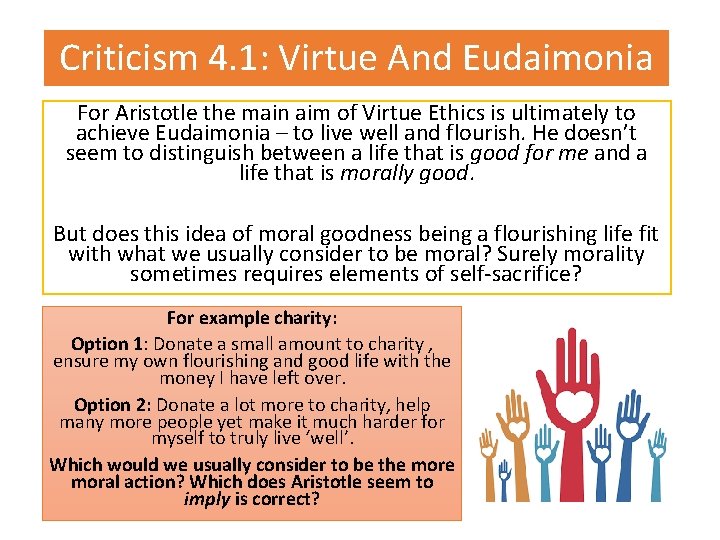Criticism 4. 1: Virtue And Eudaimonia For Aristotle the main aim of Virtue Ethics