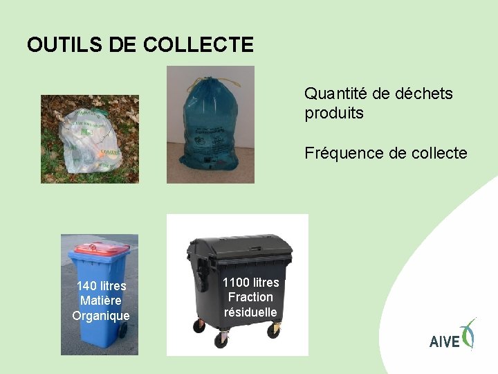 OUTILS DE COLLECTE Quantité de déchets produits Fréquence de collecte 140 litres Matière Organique