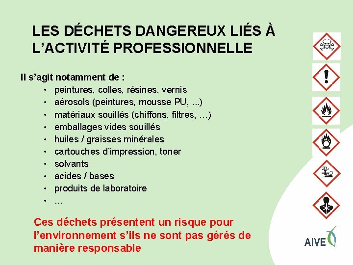 LES DÉCHETS DANGEREUX LIÉS À L’ACTIVITÉ PROFESSIONNELLE Il s’agit notamment de : • peintures,